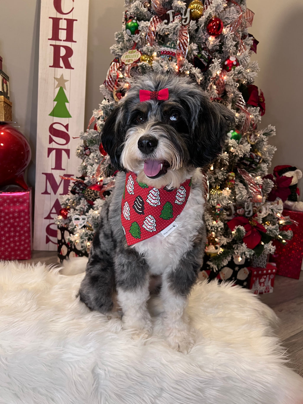 Christmas Tree Cakes Dog Bandana: Scrunchie Red