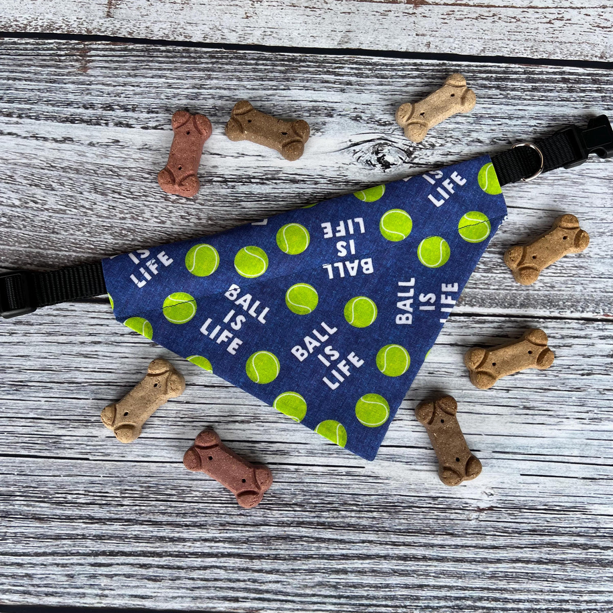 Ball is Life Dog Bandana: Over the Collar or Scrunchie, Pink or Navy, tennis