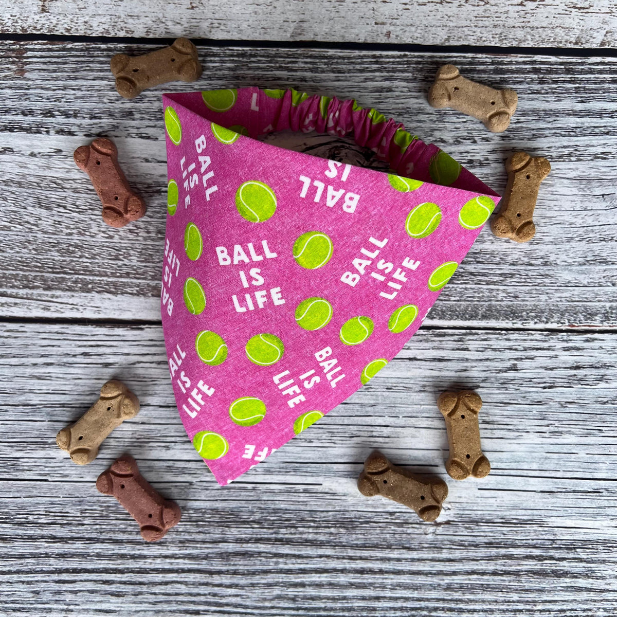 Ball is Life Dog Bandana: Over the Collar or Scrunchie, Pink or Navy, tennis