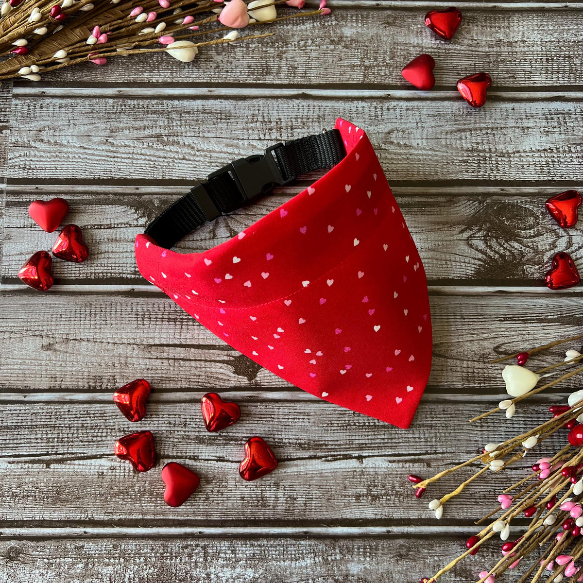 Tiny Hearts Red Dog Bandana Over the Collar Scrunchdana Scrunchie Bandana