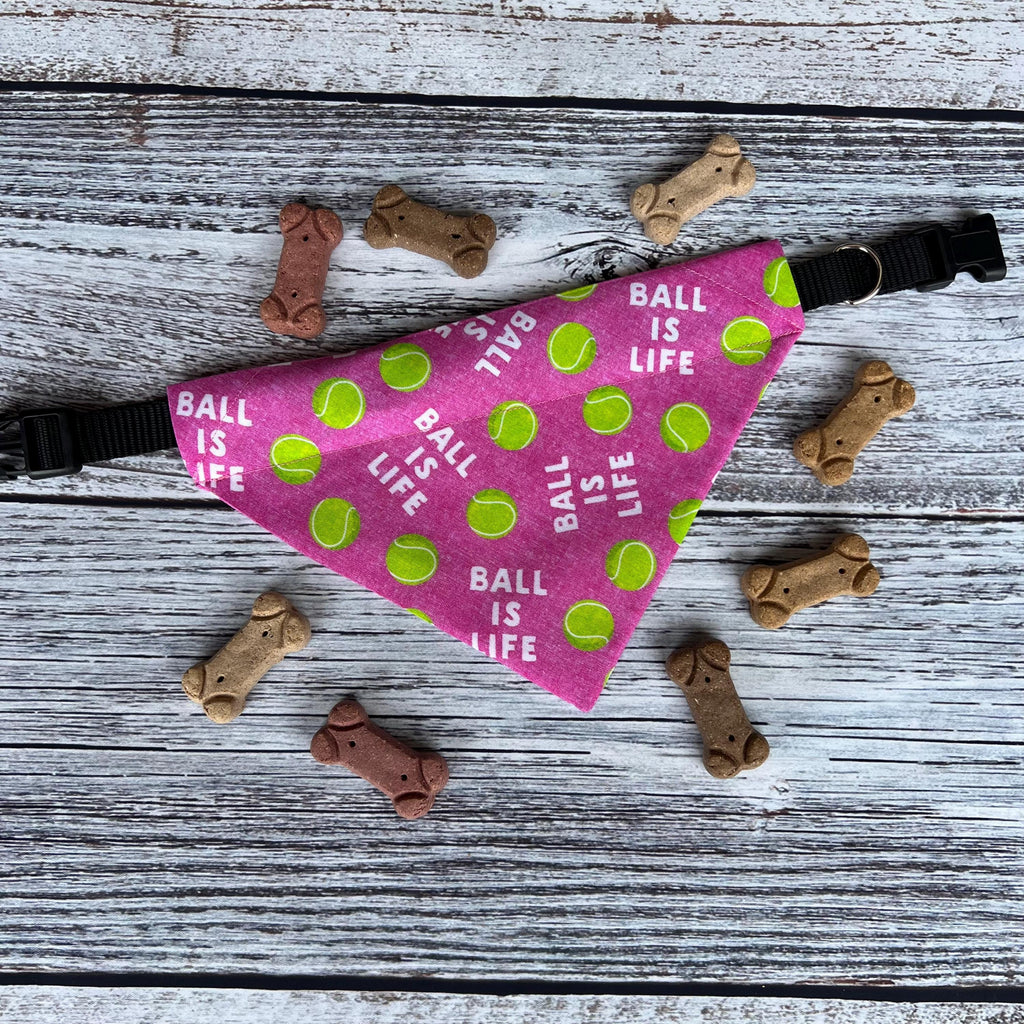 Ball is Life Dog Bandana: Over the Collar or Scrunchie, Pink or Navy, tennis