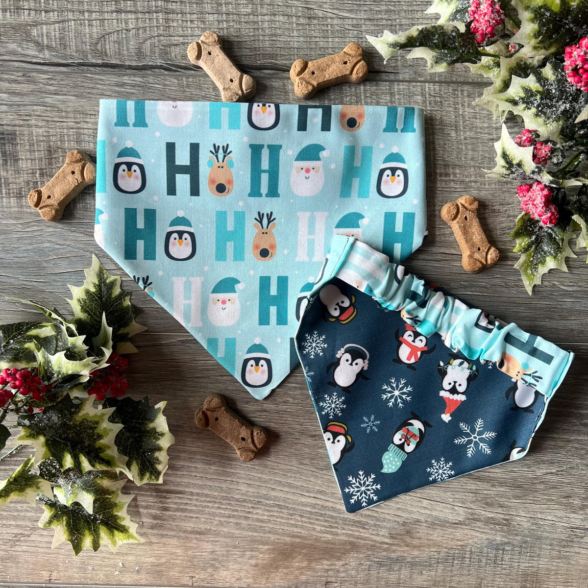 Christmas Penguins HoHoHo Dog Bandana: Scrunchie, Reversible