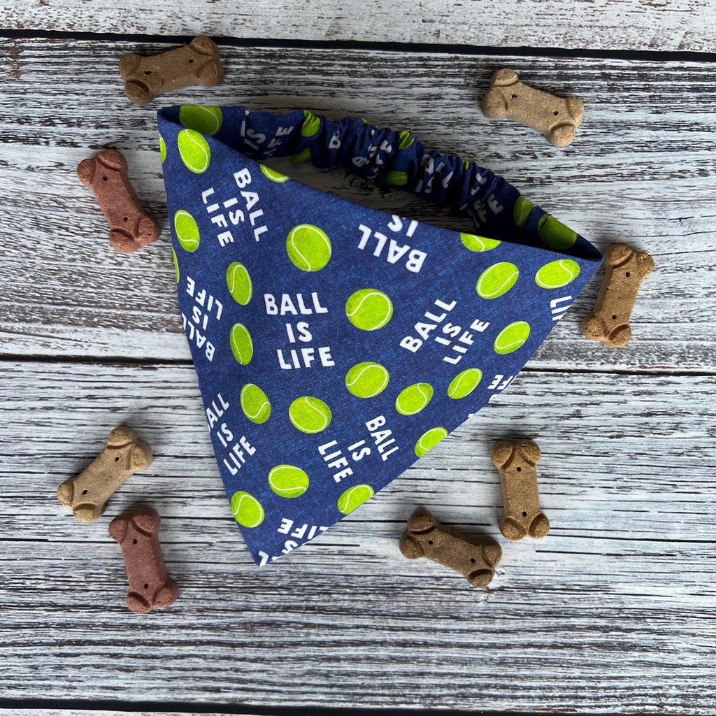 Ball is Life Dog Bandana: Over the Collar or Scrunchie, Pink or Navy, tennis