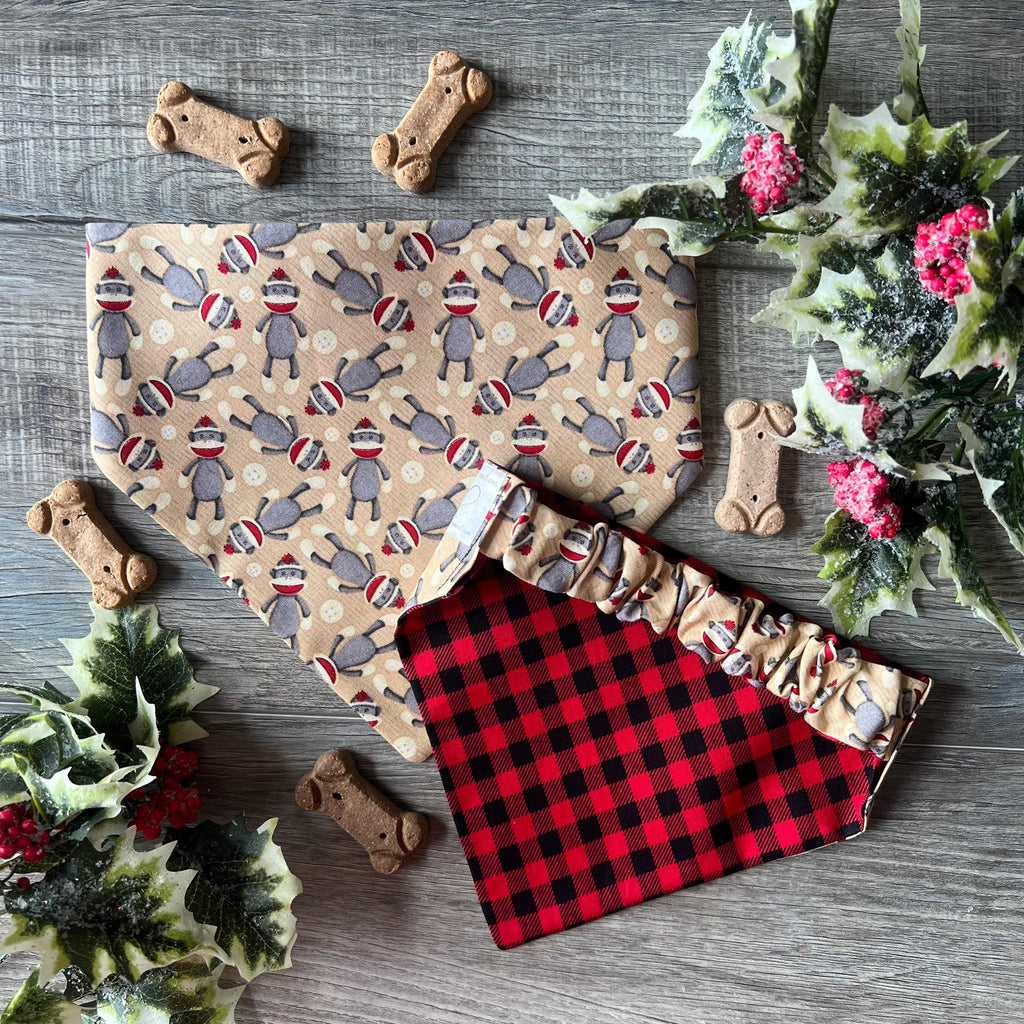 Christmas Sock Monkey Buffalo Check Dog Bandana: Scrunchie, Reversible