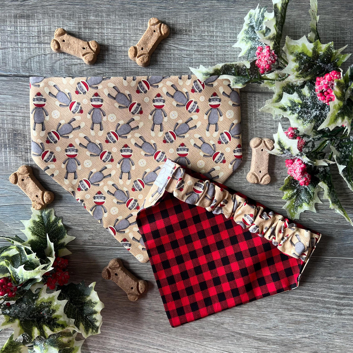 Christmas Sock Monkey Buffalo Check Dog Bandana: Scrunchie, Reversible