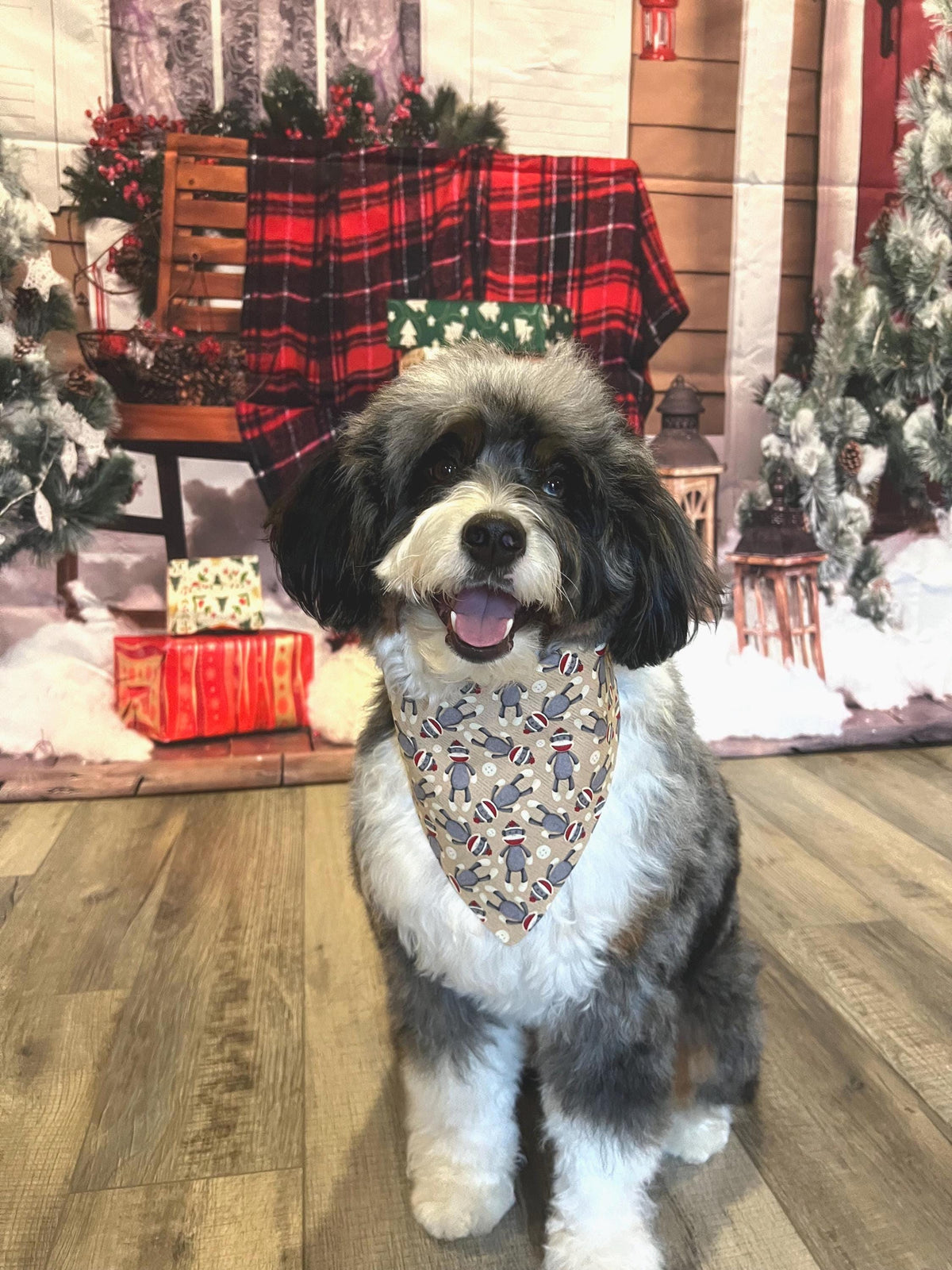 Christmas Sock Monkey Buffalo Check Dog Bandana: Scrunchie, Reversible