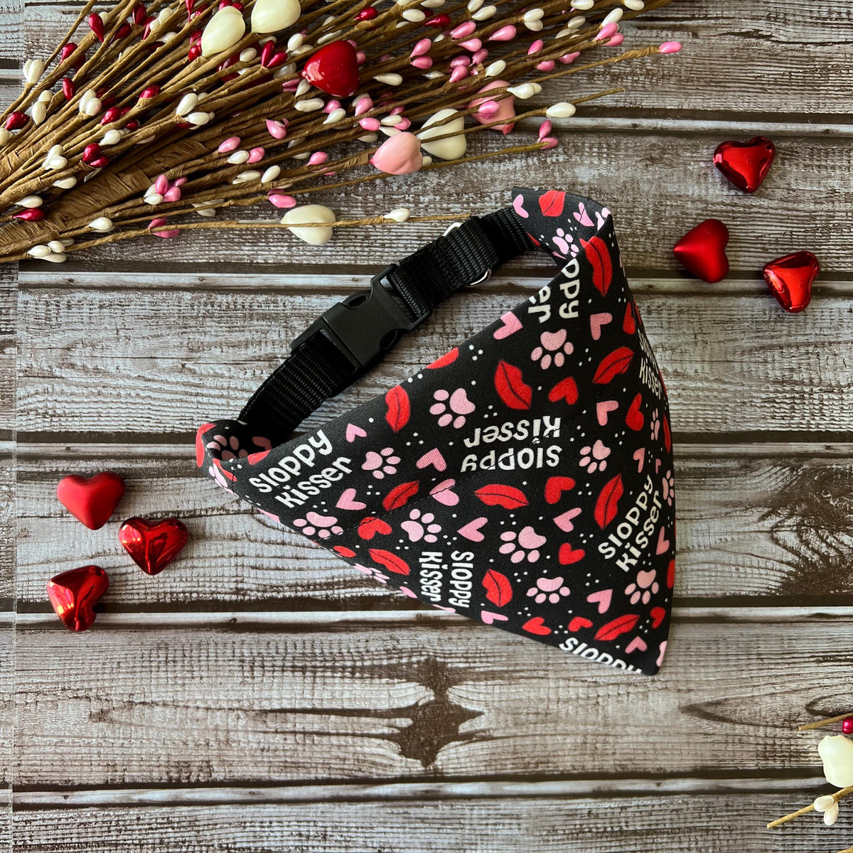 Dog Bandana: Sloppy Kisser Lips & Paws, Over the Collar or Scrunchie