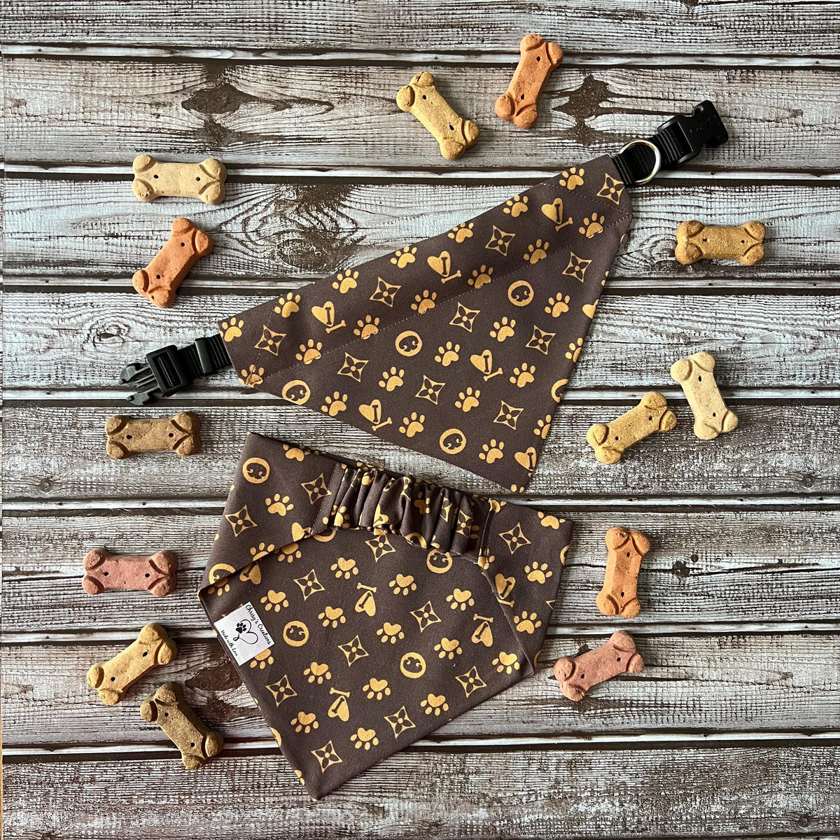 Luxe Couture Louis Dog Bandana: Over the Collar Scrunchie Bandana Brown and Tan (large print)