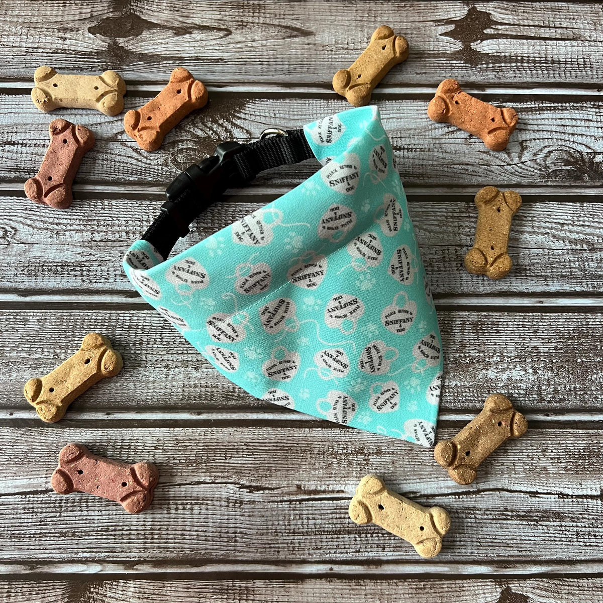 Luxe Couture Sniffany Dog Bandana: Over the Collar and Scrunchie Turquoise Heart Charm