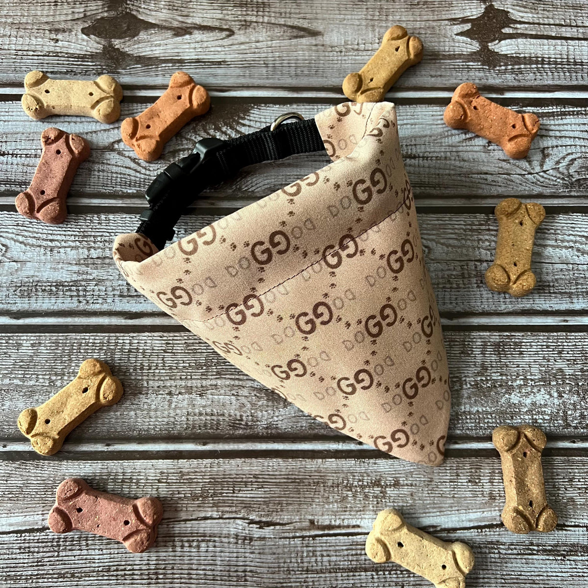 Luxe Couture GG Dog Bandana: Tan and Brown Over Collar or Scrunchie