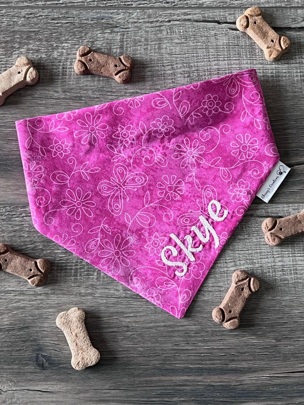 Personalized Pink Dog Bandana:  Embroidered Scrunchie with Butterfly Flower