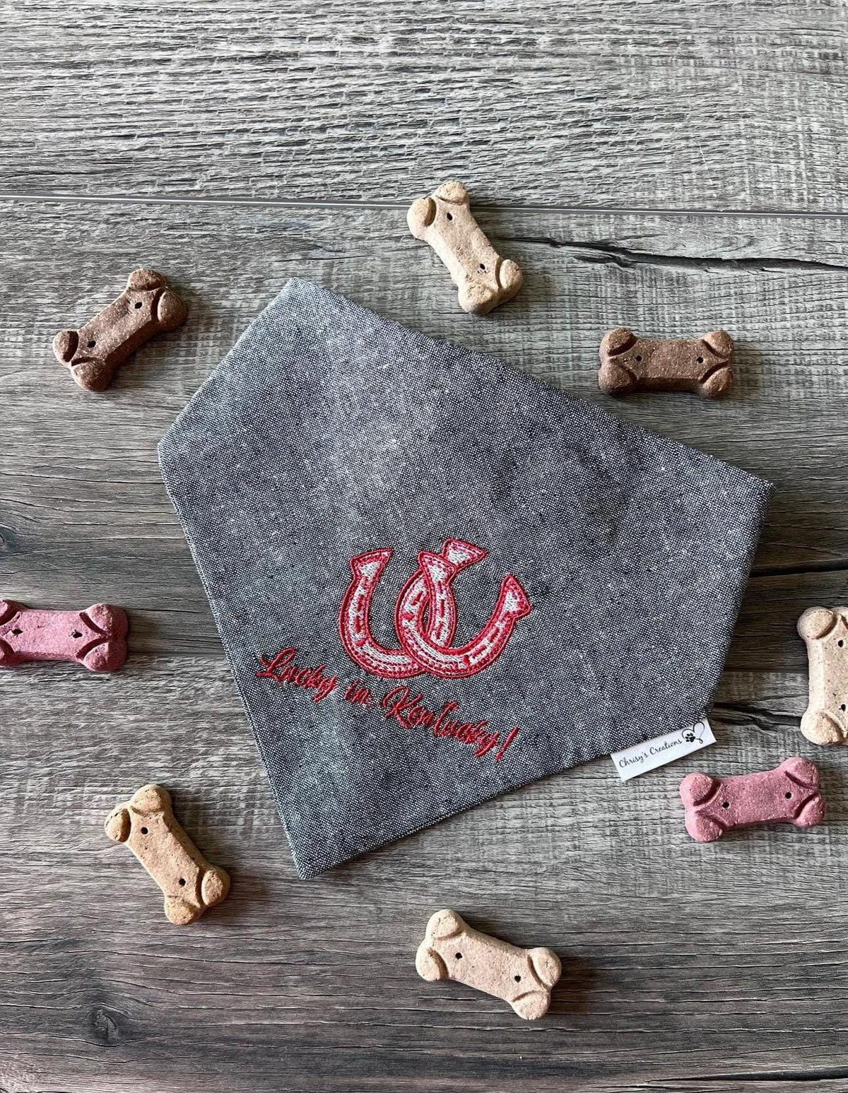 Lucky in Kentucky Embroidered Dog Bandana: Scrunchie Derby Horseshoe