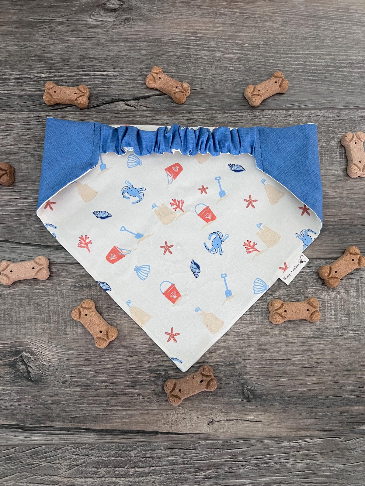 Sand and Sea Baby Whale Applique Dog Bandana: Scrunchie, Embroidered Beach Personalized Blue