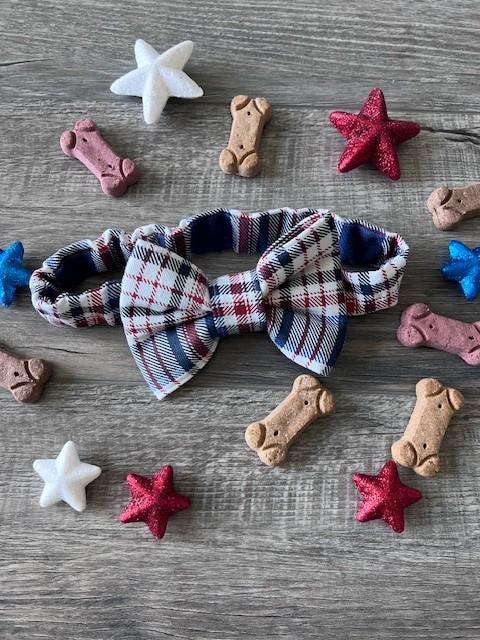 Patriotic Plaid Scrunchie Dog Bandana: Red, White, Blue,