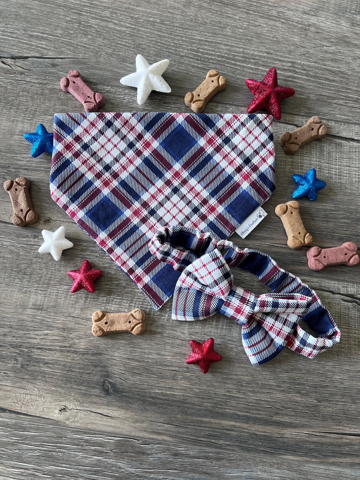 Patriotic Plaid Scrunchie Dog Bandana: Red, White, Blue,