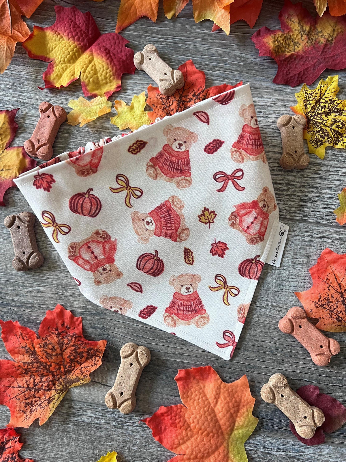 Autumn Teddy Bears Dog Bandana: Scrunchie, pumpkins, bows