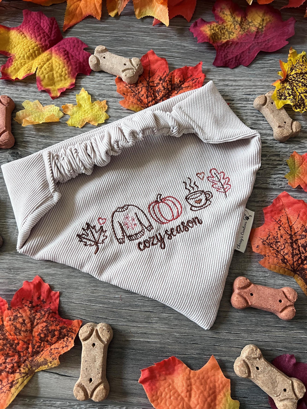 Autumn Cozy Season Dog Bandana: Scrunchie, Corduroy, Embroidery, pumpkin, sweater, leaves