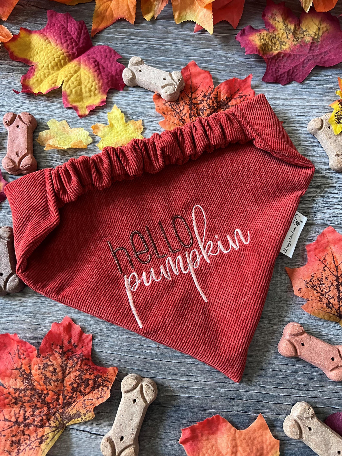 Autumn hello pumpkin Dog Bandana: Scrunchie, Corduroy, Embroidery, Thanksgiving, Fall