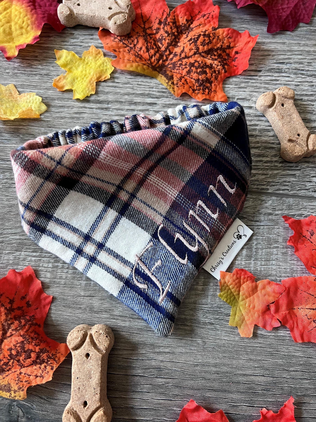 Personalized Plaid Dog Bandana or Bow Tie: Scrunchie, Embroidered Flannel, Navy, Tan