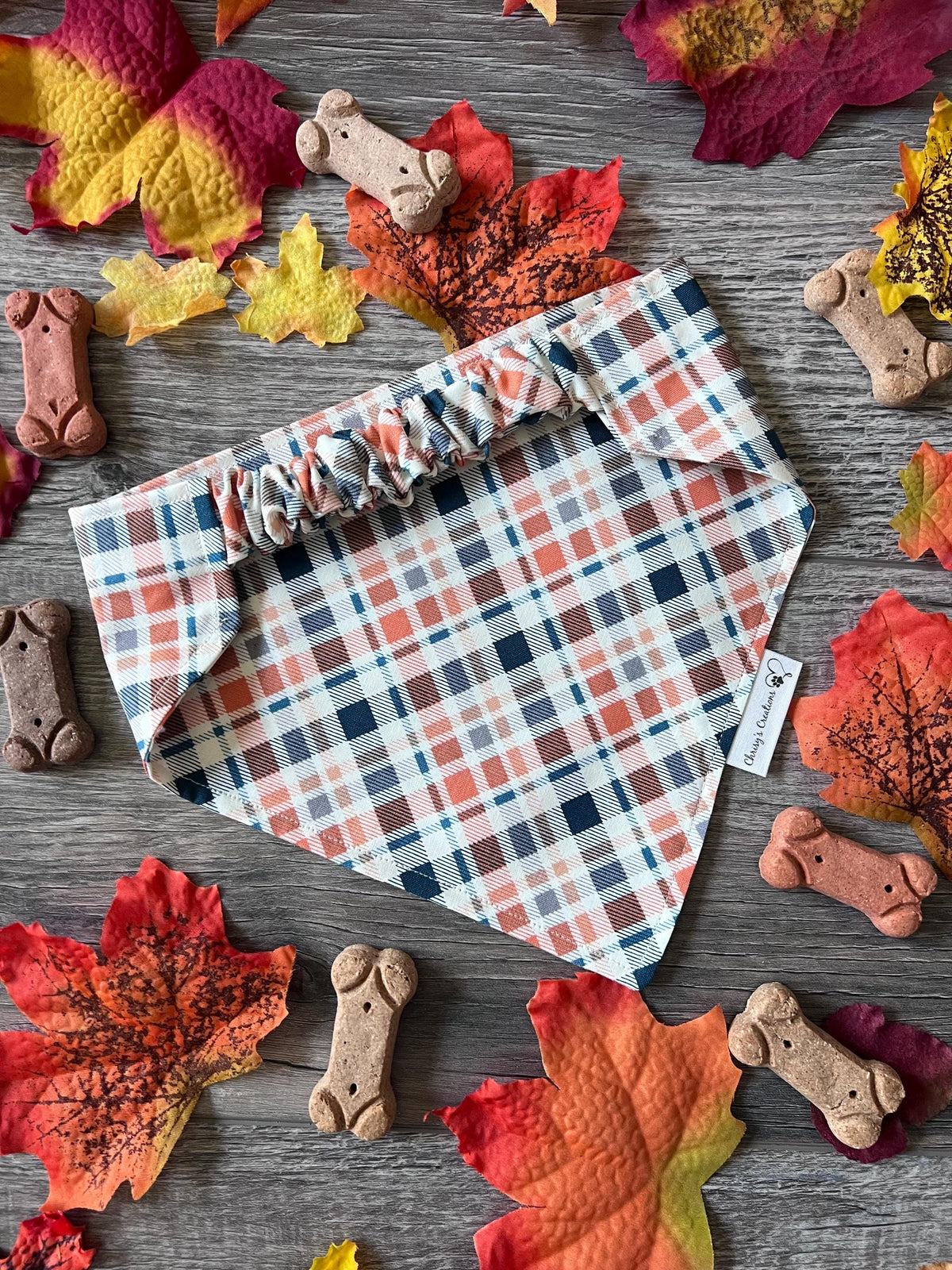 Plaid Navy Orange Dog Bandana: Scrunchie, Autumn Weave Design