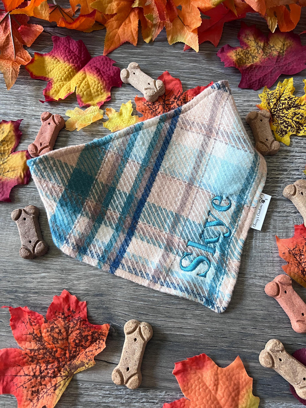 Personalized Plaid Dog Bandana: Scrunchie, Embroidered, Turquoise Flannel, Autumn