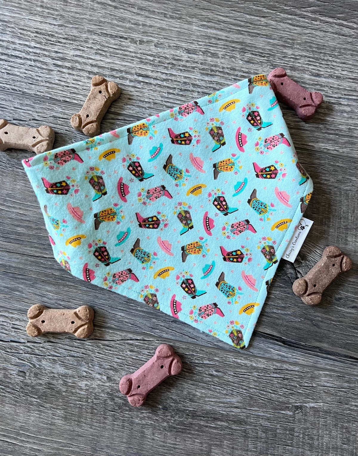 Cowgirl Boots Dog Bandana: Scrunchie, Turquoise, Pink, Wildflowers, Flannel