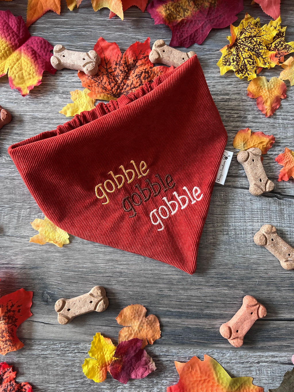 gobble gobble Dog Bandana: Scrunchie, Corduroy, Embroidery, Autumn, Thanksgiving