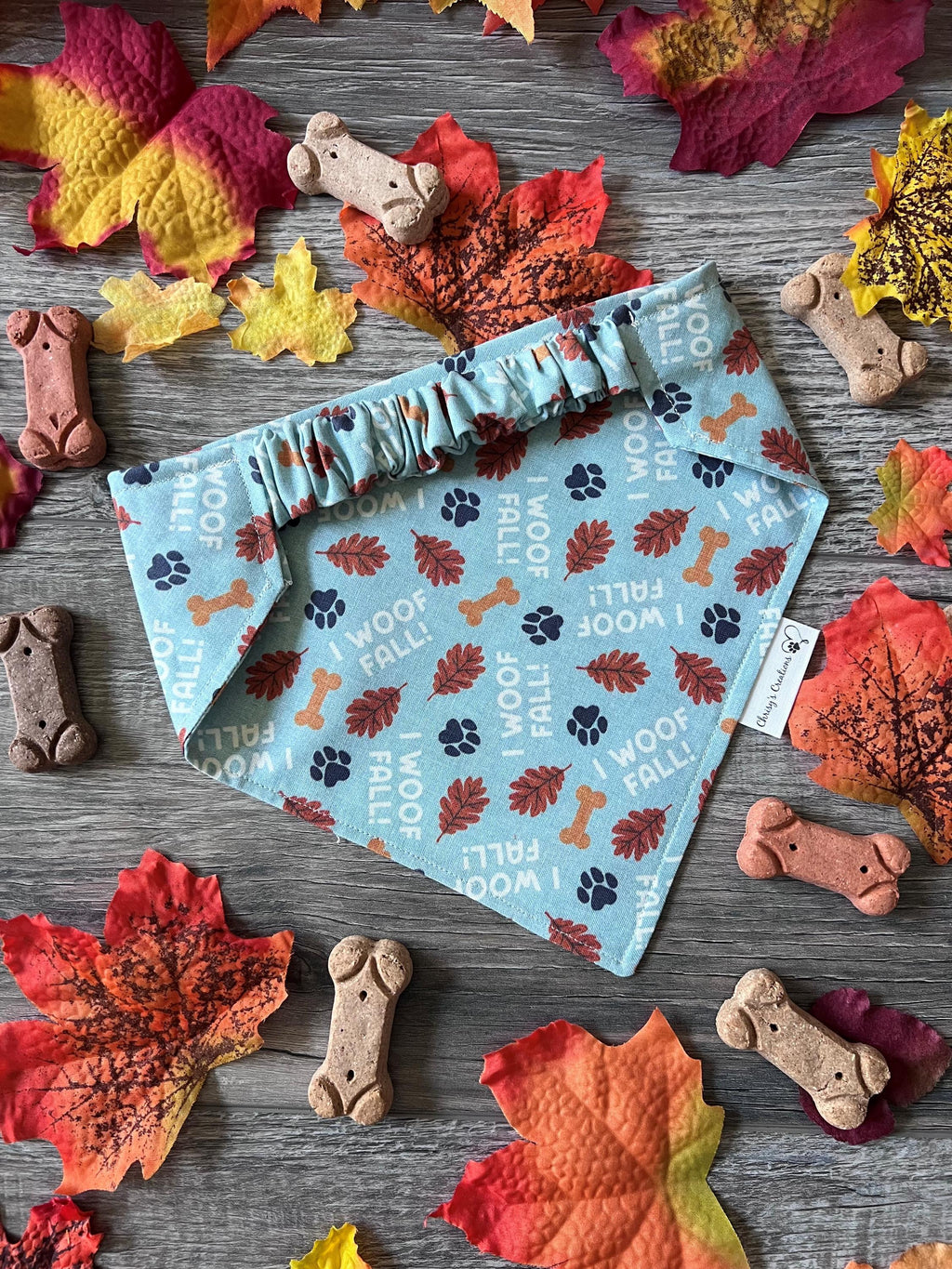 I Woof Fall Dog Bandana: Scrunchie, Autumn, Leaves, Paws
