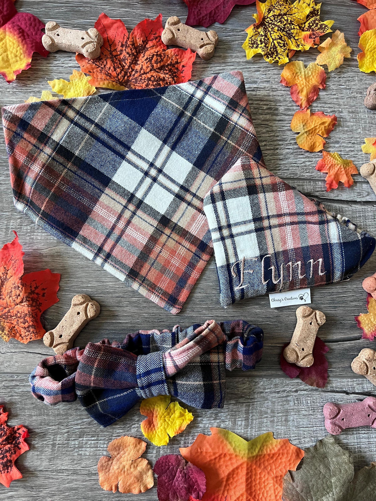 Personalized Plaid Dog Bandana or Bow Tie: Scrunchie, Embroidered Flannel, Navy, Tan