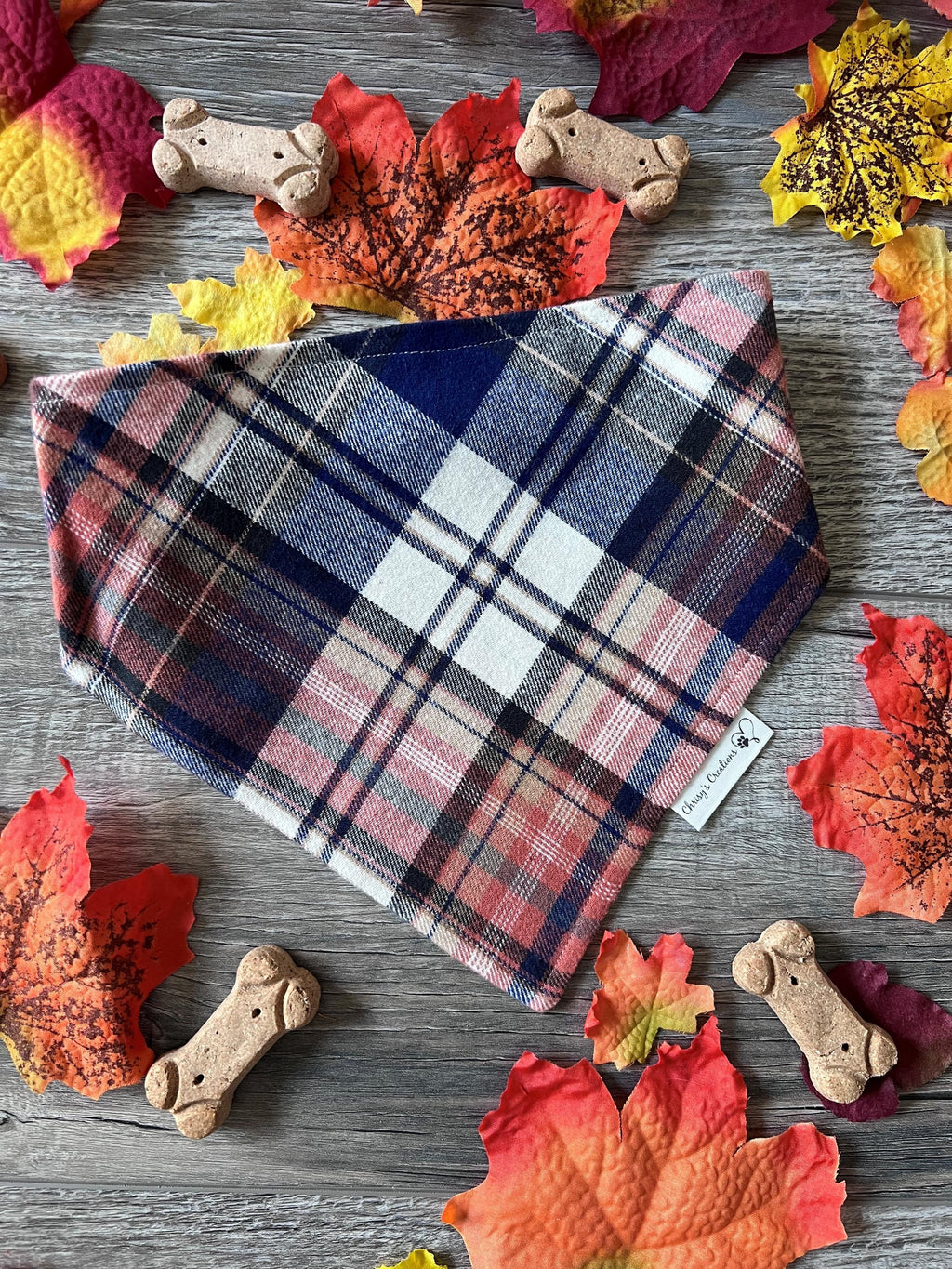 Personalized Plaid Dog Bandana or Bow Tie: Scrunchie, Embroidered Flannel, Navy, Tan