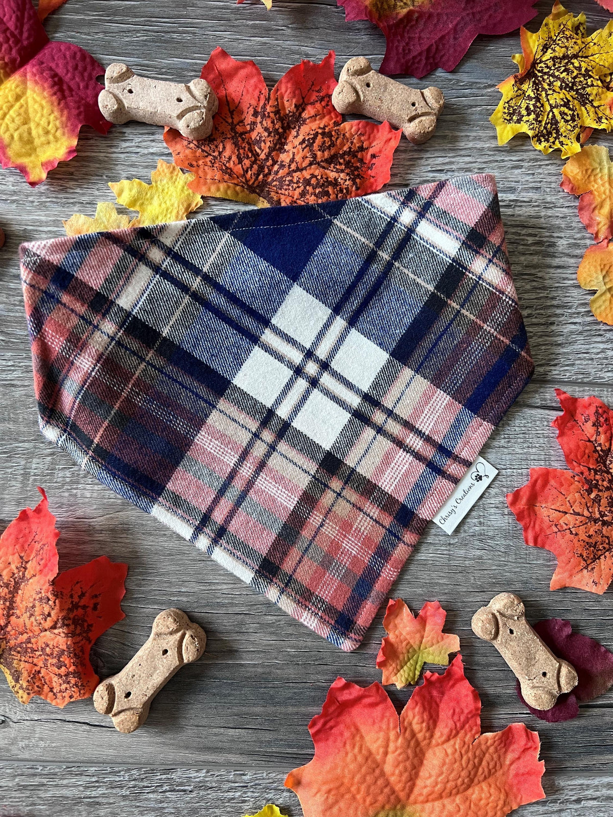 Personalized Plaid Dog Bandana or Bow Tie: Scrunchie, Embroidered Flannel, Navy, Tan