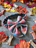 Plaid Peach Teal Scrunchie Dog Sailor Bow: Flannel, Fall, Thanksgiving
