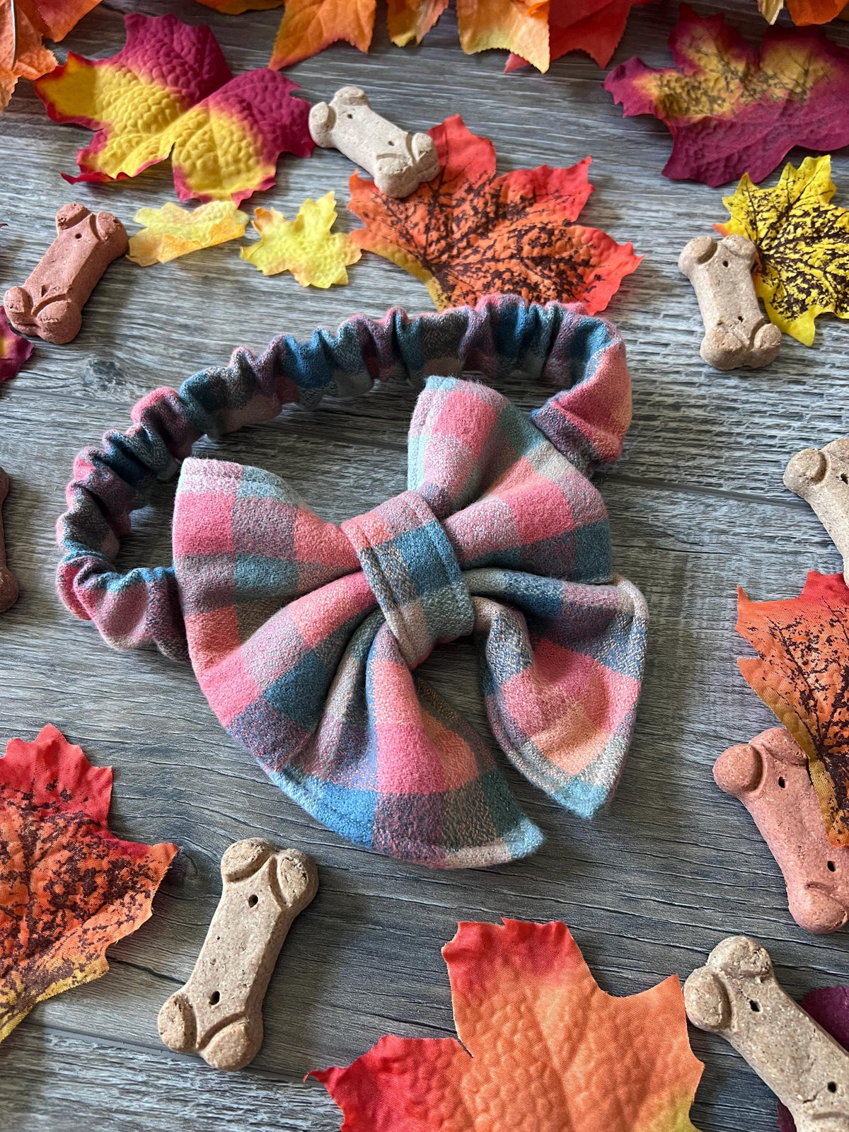 Plaid Peach Teal Scrunchie Dog Sailor Bow: Flannel, Fall, Thanksgiving