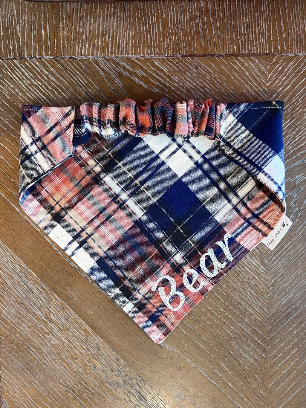 Personalized Plaid Dog Bandana or Bow Tie: Scrunchie, Embroidered Flannel, Navy, Tan