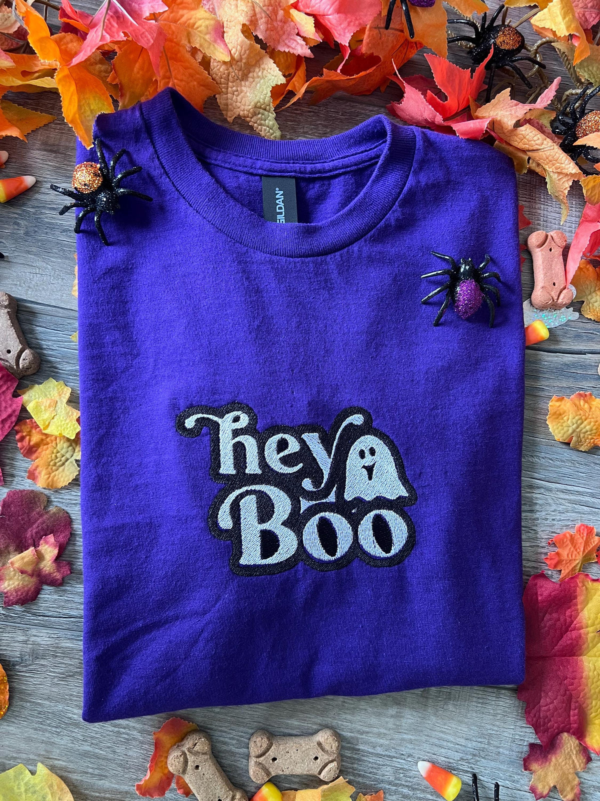 Halloween hey Boo Dog Bandana or matching Shirt: Scrunchie, purple, embroidered, t-shirt, ghost
