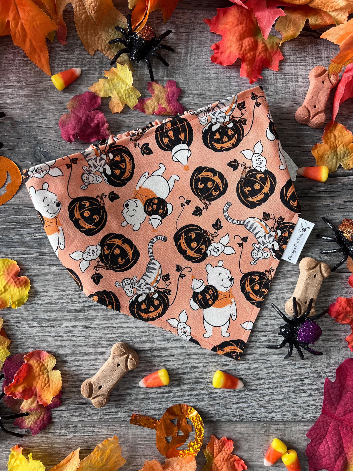 Halloween Pooh and Friends Dog Bandana: Scrunchie, Orange, pumpkins, spooky