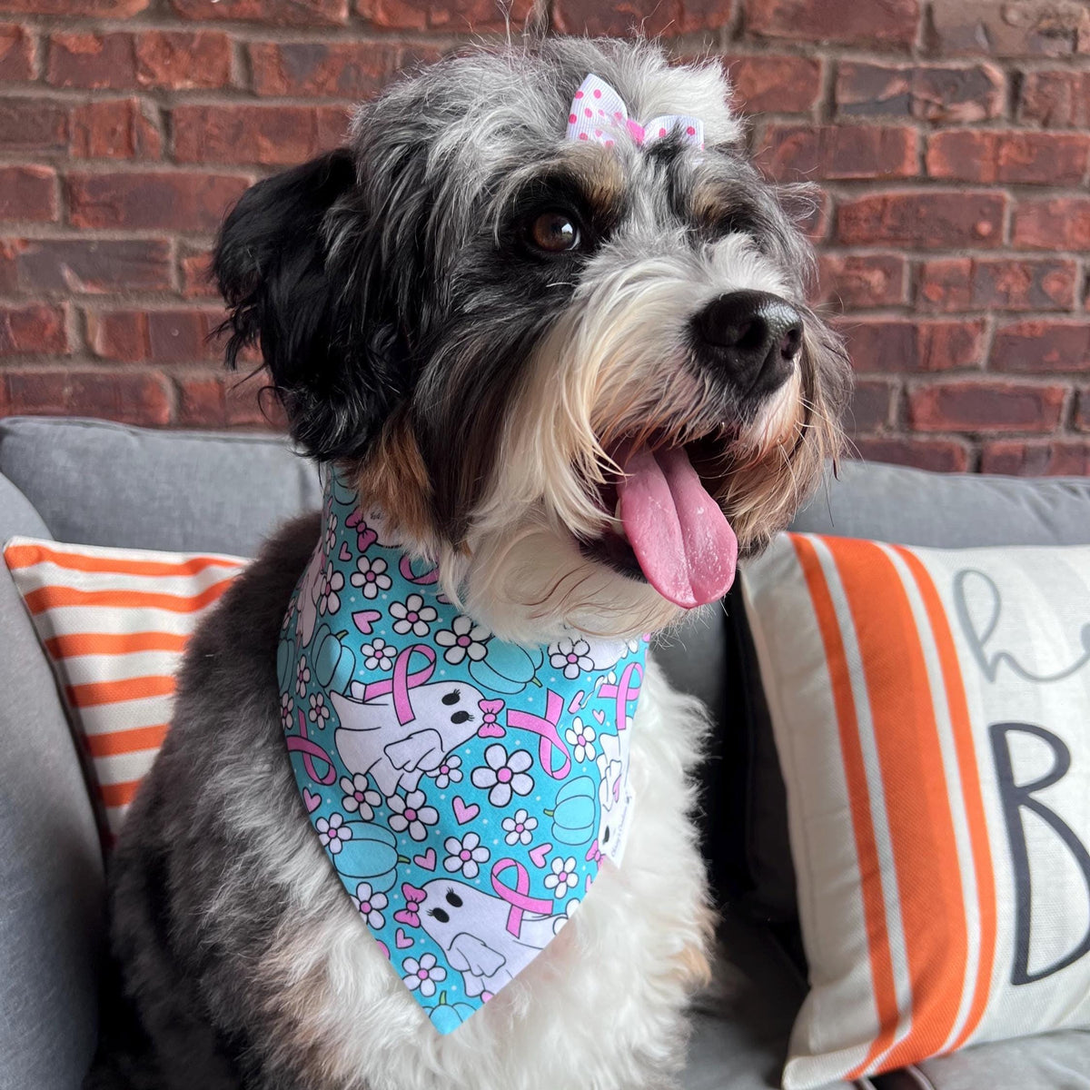 Halloween We Wear Pink Ribbons Ghosts Dog Bandana: Scrunchie, Teal, Cancer Awareness