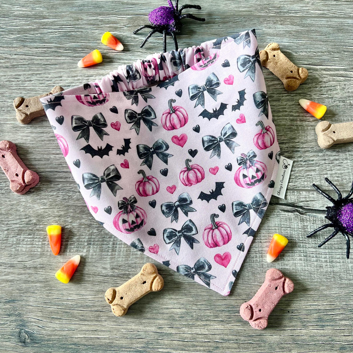 Halloween Spooky Pink Pumpkins Dog Bandana: Scrunchie, Black, Bows, Bats, Hearts