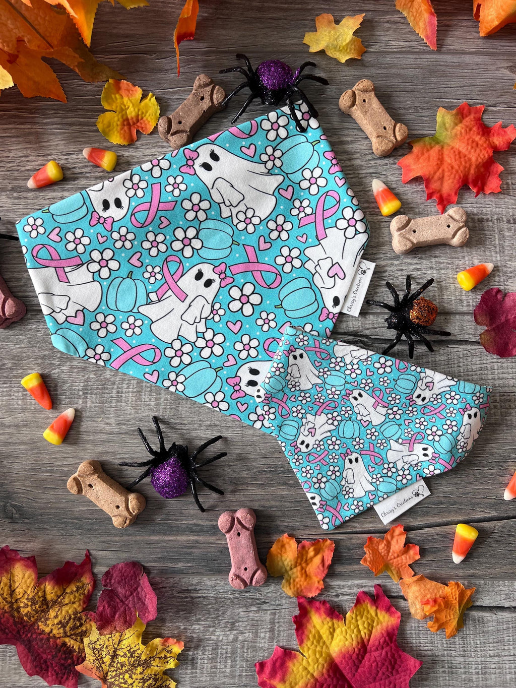 Halloween We Wear Pink Ribbons Ghosts Dog Bandana: Scrunchie, Teal, Cancer Awareness