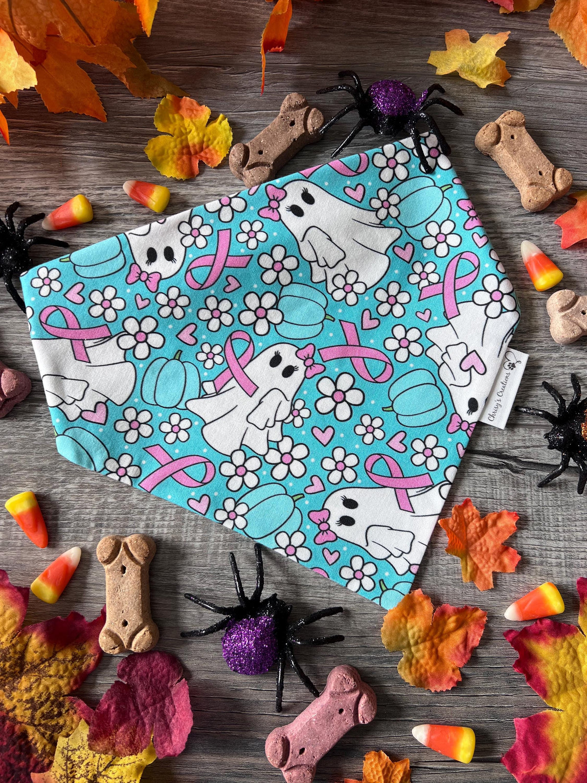 Halloween We Wear Pink Ribbons Ghosts Dog Bandana: Scrunchie, Teal, Cancer Awareness