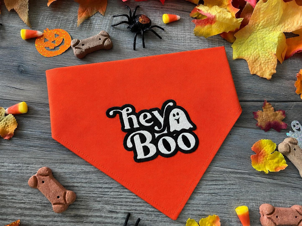 Halloween hey Boo Dog Bandana; Scrunchie, orange, embroidered, ghost