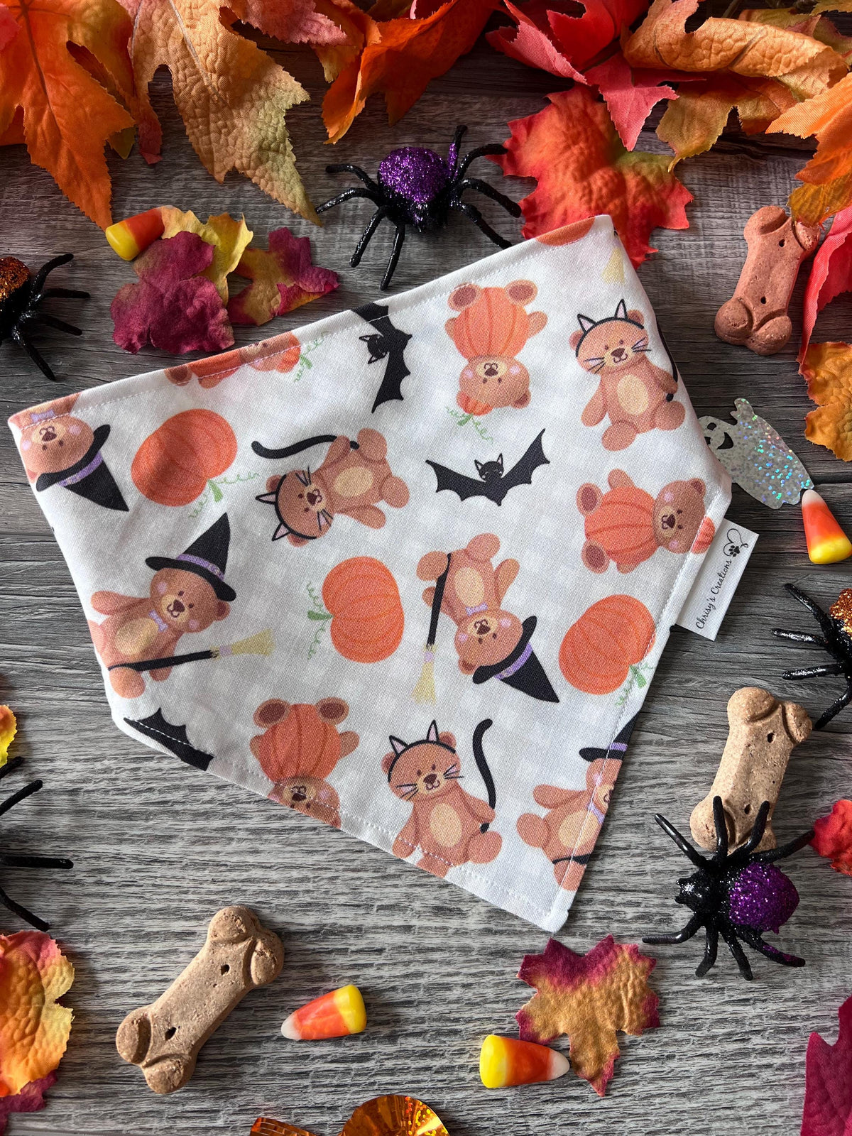 Halloween Teddy Bears Dog Bandana: Scrunchie, pumpkins, bats, spooky, gingham