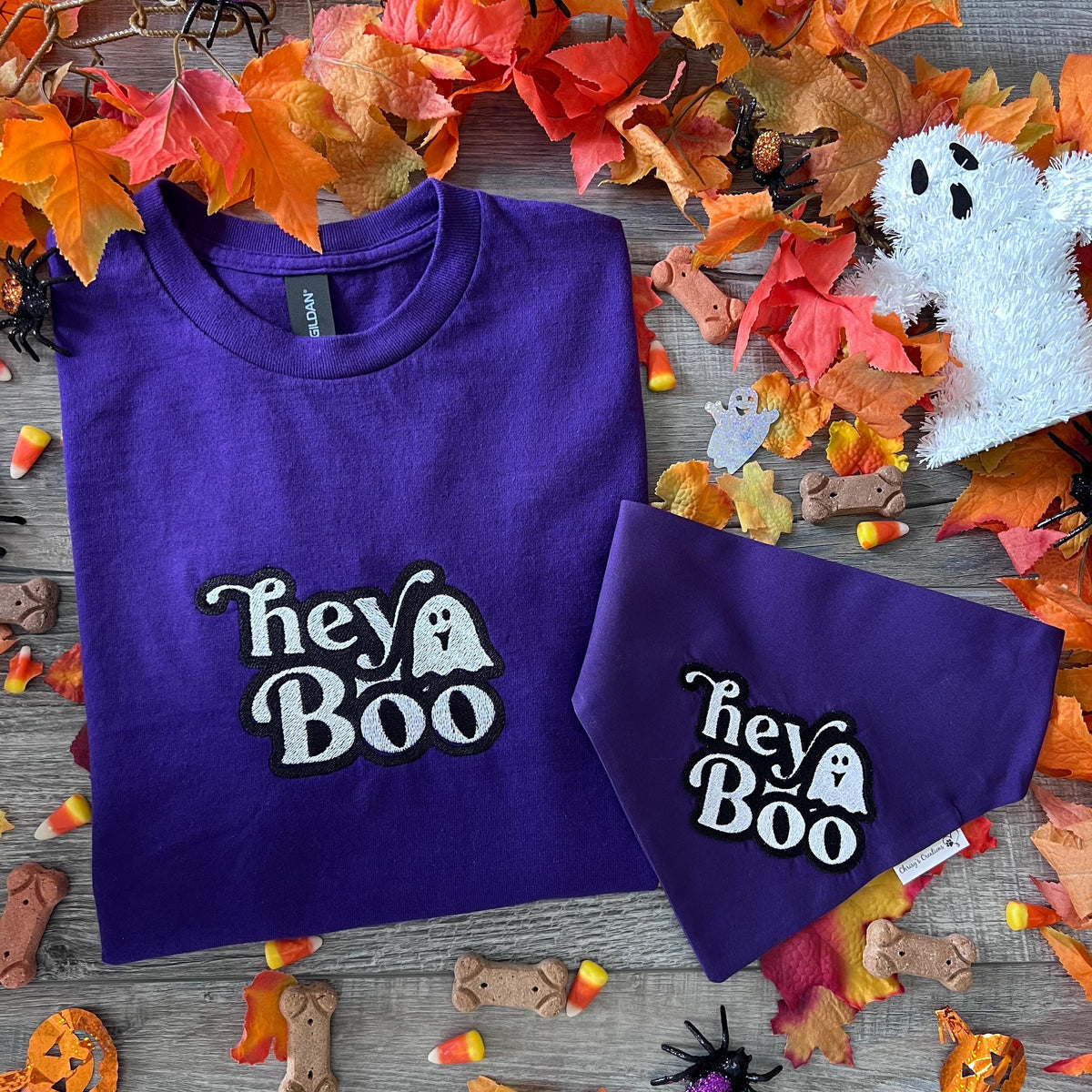 Halloween hey Boo Dog Bandana or matching Shirt: Scrunchie, purple, embroidered, t-shirt, ghost