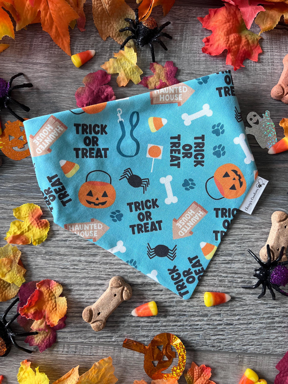 Halloween Trick or Treat Dog Bandana: Scrunchie, Teal, pumpkins, spiders, bones