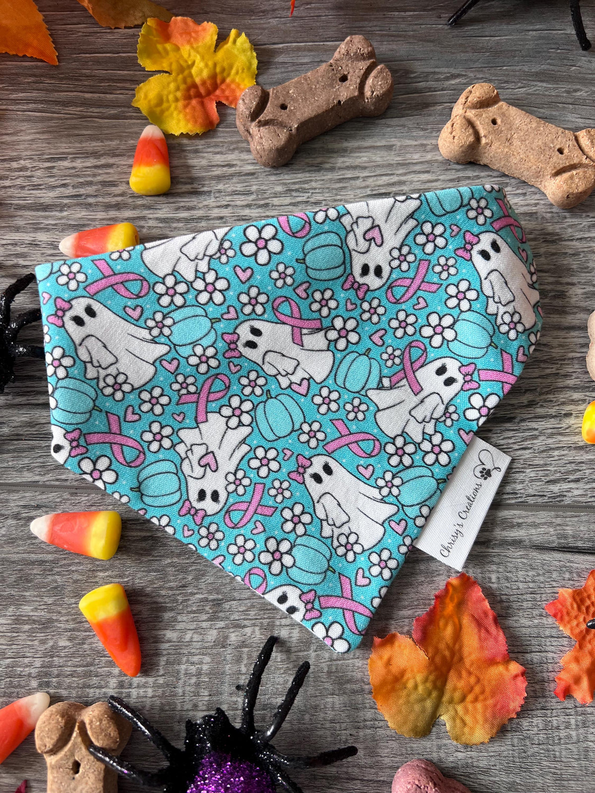 Halloween We Wear Pink Ribbons Ghosts Dog Bandana: Scrunchie, Teal, Cancer Awareness