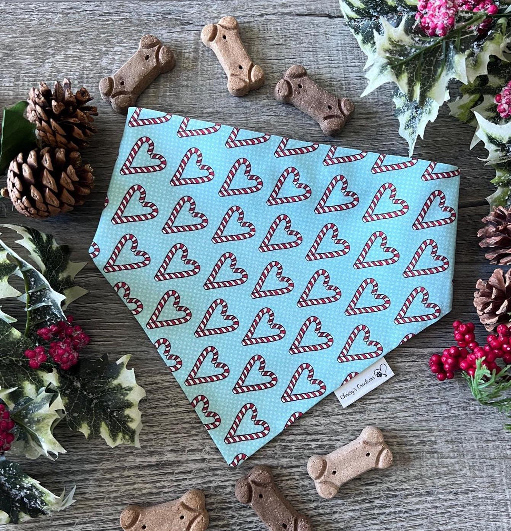 Christmas Candy Cane Hearts Dog Bandana: Scrunchie - Holiday Teal