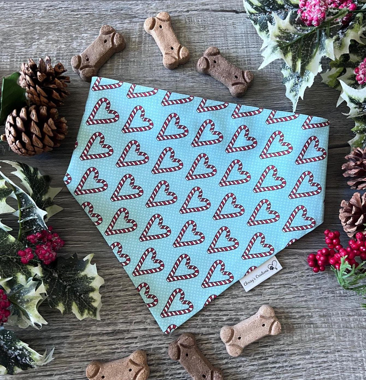 Christmas Candy Cane Hearts Dog Bandana: Scrunchie - Holiday Teal