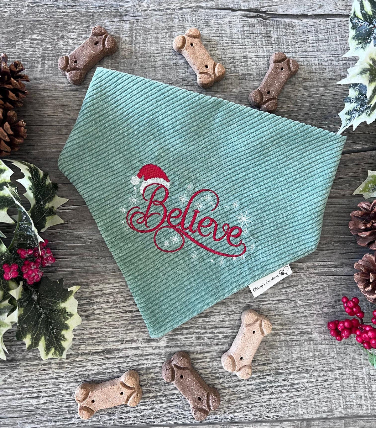 Christmas Believe Bandana: Scrunchie, Corduroy, Embroidery, Christmas, Holiday Santa Hat