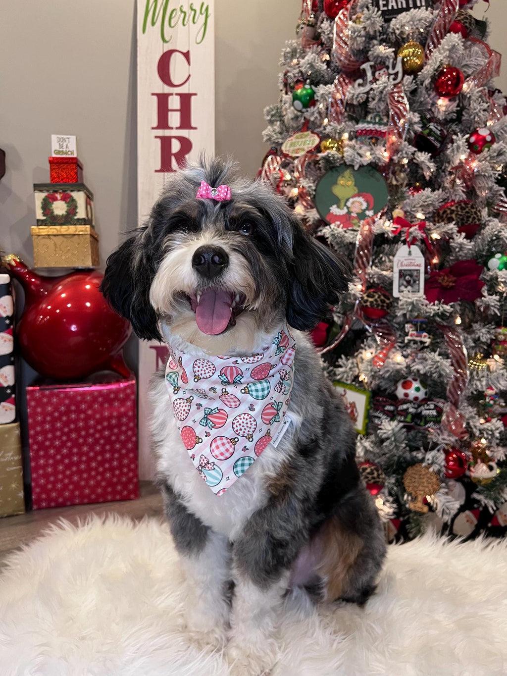 Christmas Ornaments Dog Bandana: Scrunchie - Holiday Pink Bows