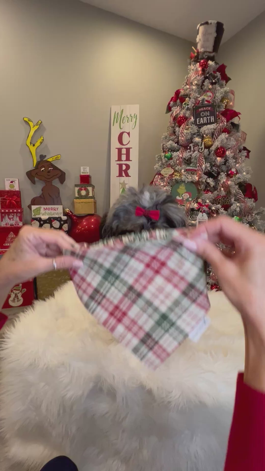 Christmas Vintage Plaid Dog Bandana or Bow Tie; Scrunchie, Red, Green